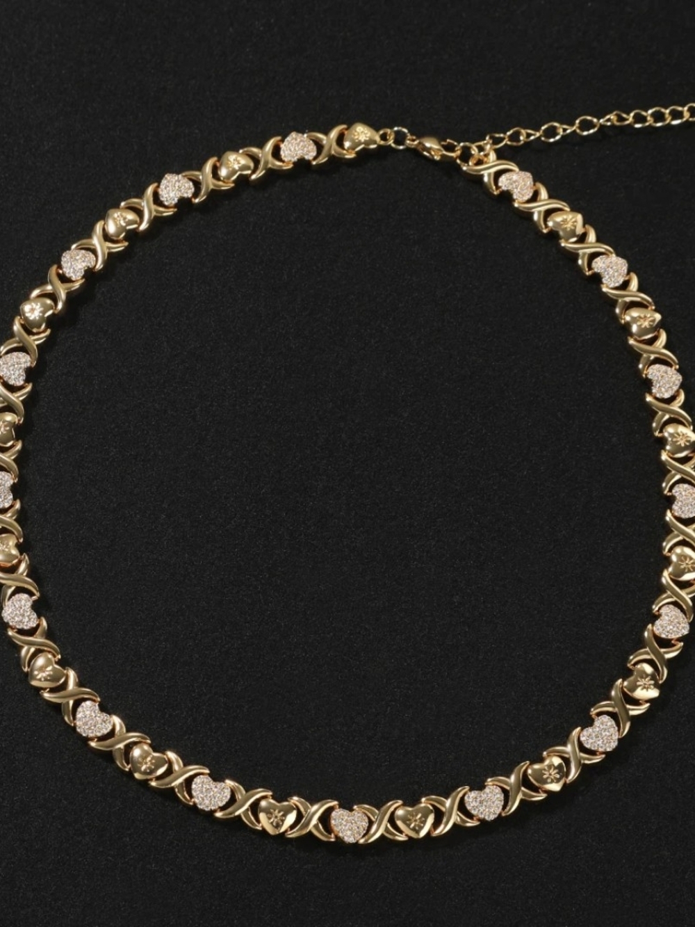 Gold Heart Link Necklace with Pavé Accents - Women's Jewelry